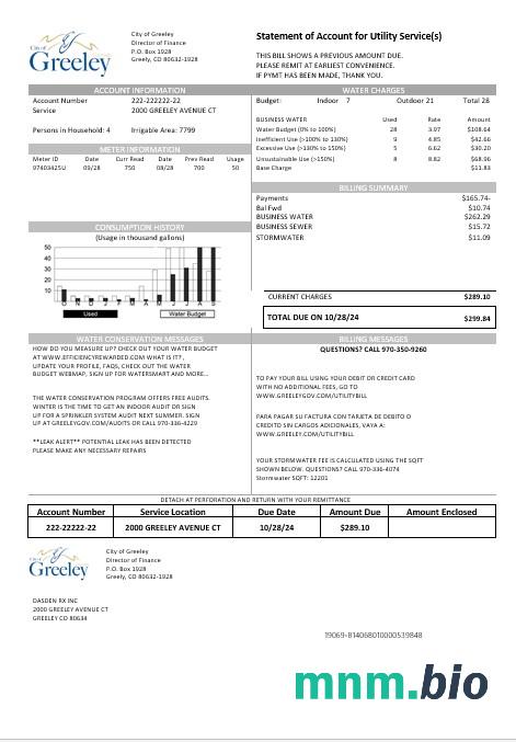 USA Colorado City of Greeley water rachunek za usługi komunalne szablon w formacie Word i PDF